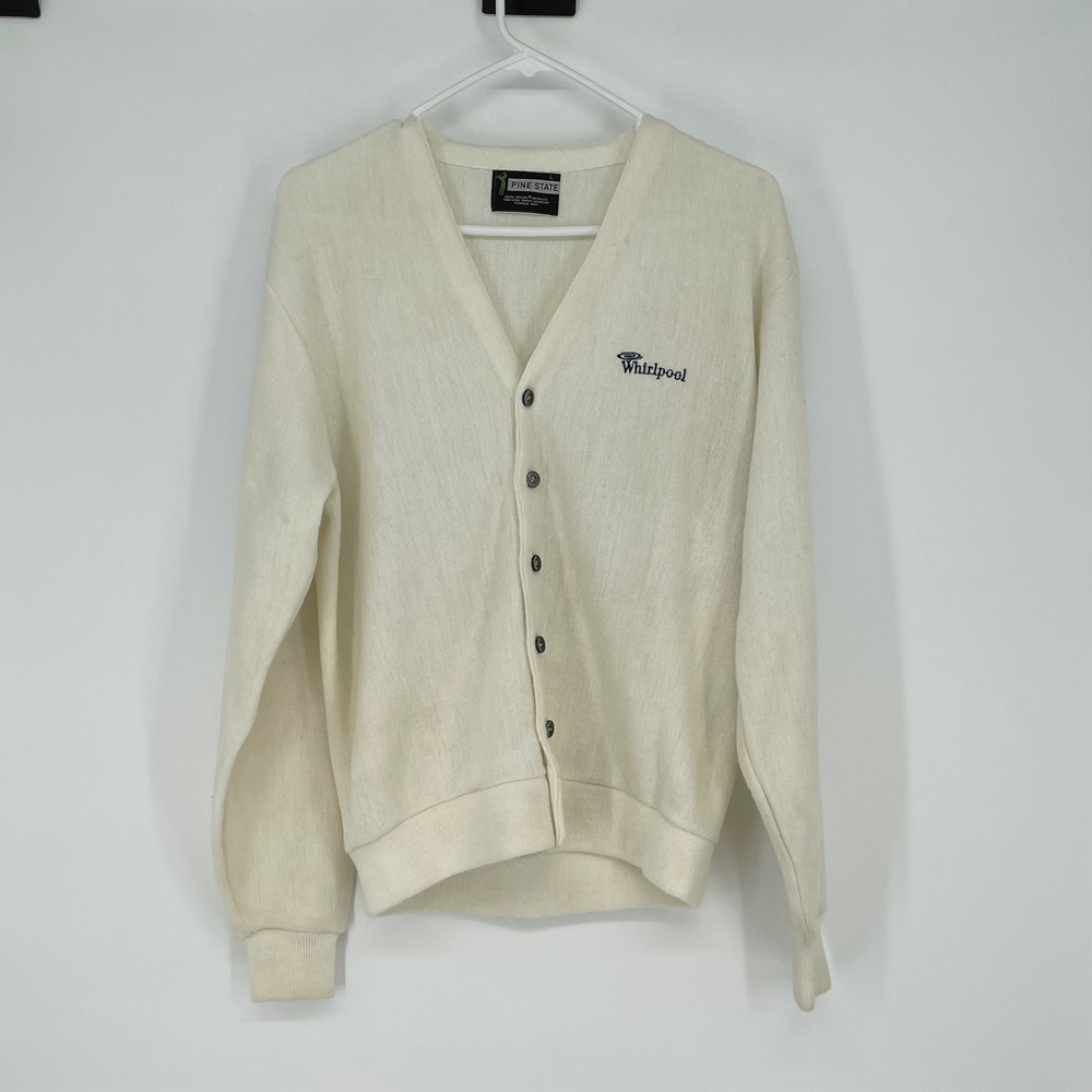 Vintage Whirlpool Employee Embroidered Logo‎ Cardigan Sweater Cream Size L RARE